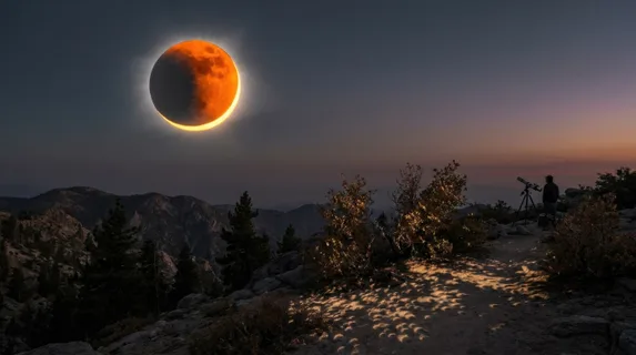 Solar eclipse in progress, moon gradually sliding across the sun's bright disc, creating a thin crescent of golden light around the moon's silhouette, corona faintly