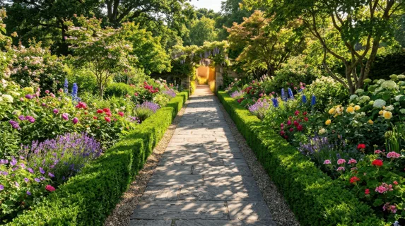 A straight garden pathway bordered by precisely trimmed hedges and flowering bushes in full bloom, strong directional sunlight creating geometric shadows on the path