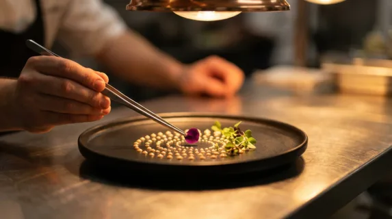 Haute cuisine plating in progress at a three-star kitchen pass, a chef's tweezers positioning a single edible flower petal onto a dish of extraordinary precision, sauce dots applied in geometric