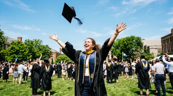 Recent graduate tossing academic cap high into air during outdoor celebration, arms outstretched mid-motion, cap frozen against bright blue sky, other graduates visible