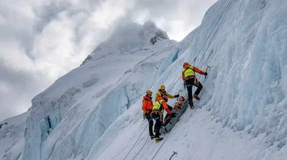 Mountain rescue team training exercise on a glaciated peak in winter conditions, three team members in bright orange and yellow gear ascending a near-vertical ice face on fixed ropes, axes and