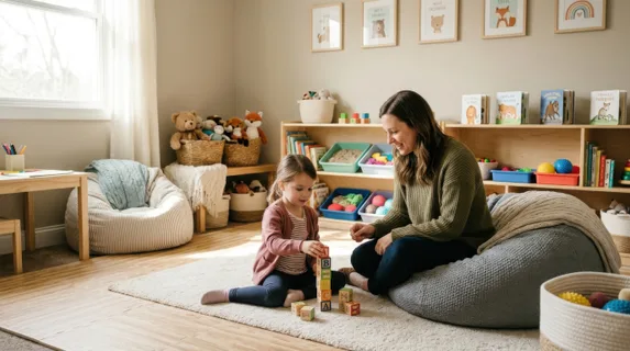 Cozy therapeutic play space designed for children, featuring soft bean bags, interactive toys on low shelves, colorful sensory materials, alphabet blocks, stuffed animals