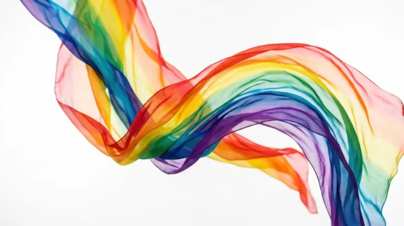 Billowing rainbow silk fabric caught mid-flutter against a bright white studio backdrop, each color band distinct and vibrant as the material suspends in elegant waves,