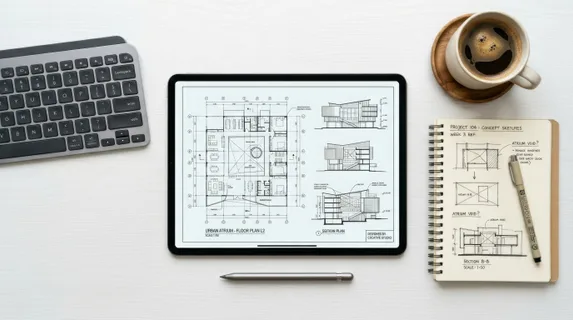 Overhead flat lay of a tablet resting on a clean white desk surrounded by a stylus, wireless keyboard, coffee cup, and open notebook, the screen showing architectural