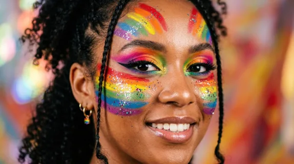 Close-up of a face with vibrant rainbow stripes painted across cheeks and forehead, glitter catching studio light, bold eyeshadow in spectrum colors, confident expression