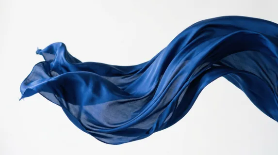 Billowing blue silk fabric caught mid-motion against a bright white studio background, soft folds creating organic shadows and highlights, delicate texture visible with