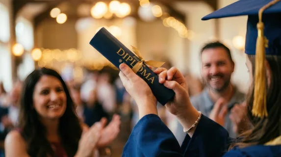 Close-up of child's hands clutching newly earned diploma with fingers trembling slightly from emotion, mortarboard cap visible at edge of frame, blurred silhouettes of
