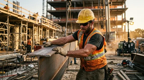 Muscular construction worker in hard hat and safety vest gripping a steel beam mid-lift on an active job site, sweat visible on forearms, concentrated expression, heavy