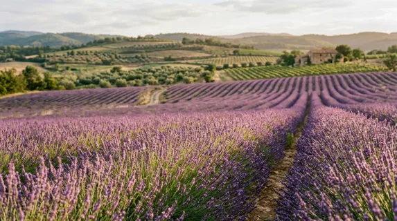 an expansive view of a serene meadow filled with vibrant lavender flowers swaying gently in the breeze, set against a soft blur of muted greens and neutrals that evoke an