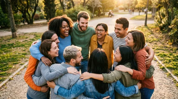 Group of diverse adults in a circular huddle-hug laughing together, heads leaning inward toward each other, multiple genuine expressions of mirth visible, casual modern
