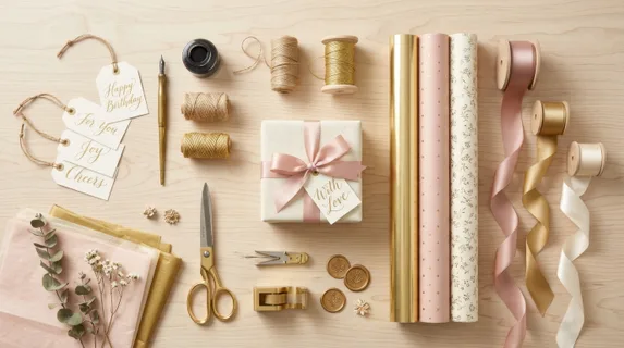 Overhead flat-lay composition of elegant gift wrapping supplies arranged artfully: rolls of metallic paper, satin ribbons in blush and gold, gift tags with calligraphy,