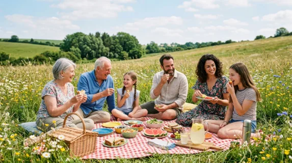 A family picnic spread on a checkered blanket in an open meadow, various colorful foods and drinks arranged casually, everyone seated in a circle eating and conversing,