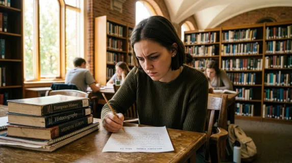 Young student sitting at wooden desk in bright library, pencil hovering over exam paper, furrowed brow showing concentration, stacks of textbooks beside desk, warm