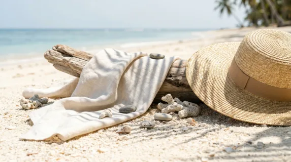 Pale linen fabric draped loosely over sun-bleached driftwood, small pebbles and coral fragments scattered artfully, straw hat partially visible with wide brim catching