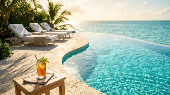 Crystal-clear turquoise water reflecting brilliant sunlight, a curved infinity pool edge blending seamlessly with a distant ocean horizon, white lounge chairs with plush