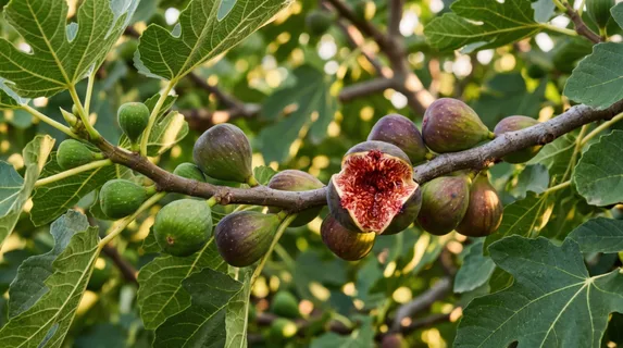 A macro shot of a fig tree branch with developing figs at various stages, some tiny and green, some swelling toward ripeness, others splitting to reveal red interior, afternoon light filtering through
