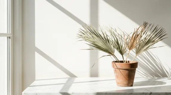 Dried palm fronds in a simple terracotta pot on white marble surface, geometric shadows cast by window light creating bold lines across the composition, muted sage green