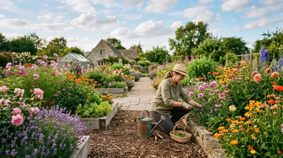 Wide garden scene showing raised beds bursting with colorful perennials and annuals in peak bloom, a gardener in neutral clothing kneeling and tending to plants, vintage