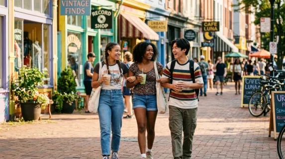 Three teenage friends walking down a sunlit urban street lined with colorful vintage storefronts, arms linked or around each other's shoulders, carrying canvas shopping