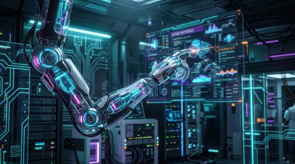 Advanced humanoid robotic arm with glowing joints reaching toward holographic interface displays floating in mid-air, fingers extended in delicate precision grip,