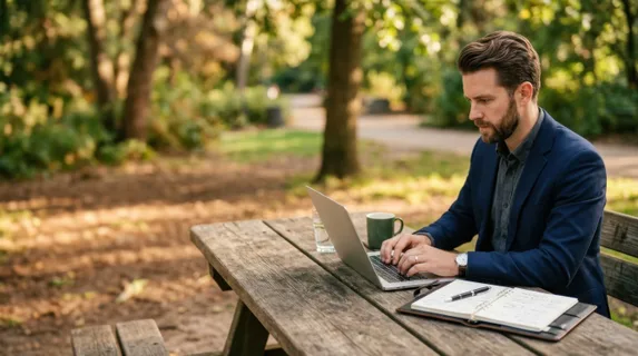 a graphic commercial shot of the consultant at the picnic table, with a generous negative space on the left for text overlay. the warm, earthy browns and soft greens form