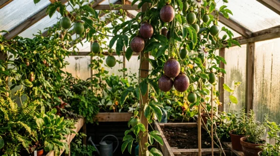 Passion fruit growing on an organic vine in a lush greenhouse setting, clusters of round speckled fruits hanging among waxy green foliage, morning mist and condensation