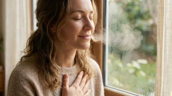 Close-up of a serene woman's face in soft natural light, eyes gently closed, subtle smile, hand placed on chest, slow exhale visible as gentle mist against cool window