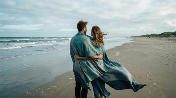 Couple standing on a wide open beach wrapped in a large flag fabric, arms around each other, looking toward the horizon where sea meets sky, fabric flowing dramatically