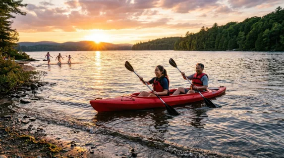 a wide lakeside scene featuring a 27-year-old asian female kayaker paddling alongside her father, both illuminated by warm sunset light. the serene environment is