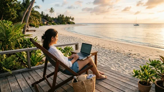 Remote worker sitting on a wooden deck chair facing the shoreline, notebook and wireless keyboard on lap, sandy beach stretching behind with minimal structures, golden