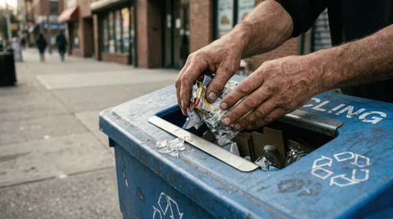 Close-up of weathered hands placing crumpled plastic wrappers and glass fragments into a recycling bin on a city sidewalk, morning light casting soft shadows across