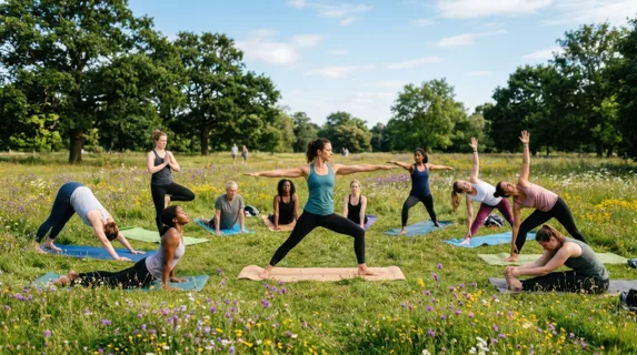 A group of yoga practitioners in various poses arranged on yoga mats across a sunlit park meadow with wildflowers blooming around them, instructor demonstrating warrior