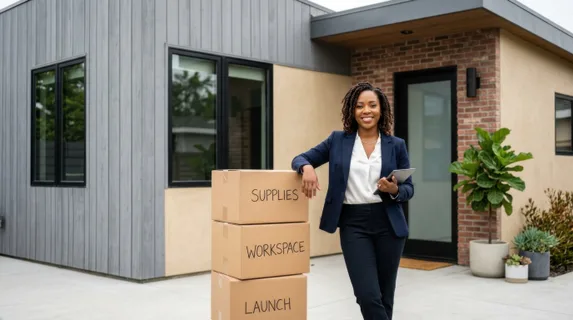 a bold composition featuring the 33-year-old black female entrepreneur confidently positioned next to neatly stacked moving boxes, set against the clean lines of her
