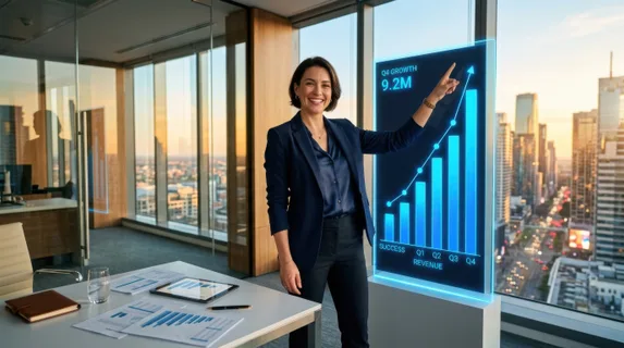 Professional woman in modern glass office standing confidently beside ascending bar chart glowing with blue light, hand pointing upward at peak, scattered papers and