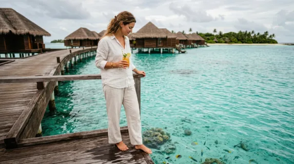 Woman in light linen clothing standing on wooden deck of overwater bungalow, gazing down at clear turquoise water with visible marine life, holding tropical drink, bare
