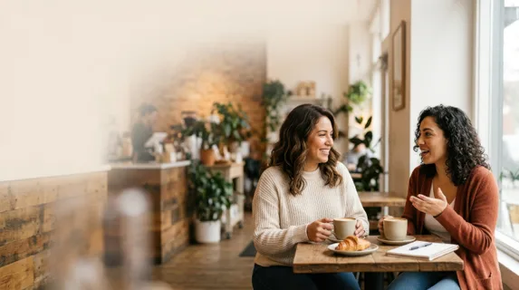 a graphic commercial representation of the two women discussing over coffee, framed to allow generous negative space for potential text overlay. the warm sunlight