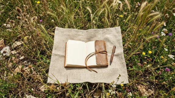 an overhead angle captures the blank journal and pen on the textured linen surface, surrounded by wild grass, creating a unique composition. the bright outdoor lighting