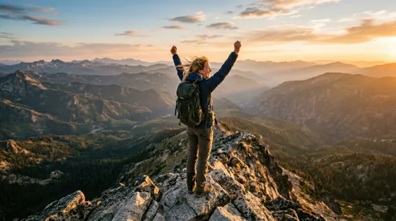 Hiker standing at mountain peak at golden hour, arms raised in triumph, sprawling valley landscape stretching beneath with layered ridges fading into misty distance, warm