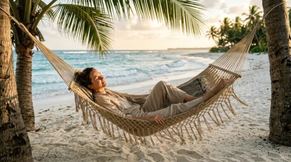 Person relaxing in a woven hammock suspended between two palm trees on a pristine sandy beach, gentle ocean waves visible in the soft-focus background, dappled sunlight