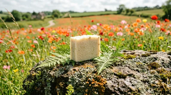 a low-angle shot captures an unlabeled soap bar elegantly placed on a lichen-covered stone, surrounded by delicate fern accents. the scene is bathed in soft summer