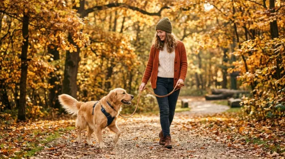 Young woman in casual autumn clothing walking a golden retriever on a leash through a sunlit park, morning light filtering through golden leaves, dog's tail mid-wag,