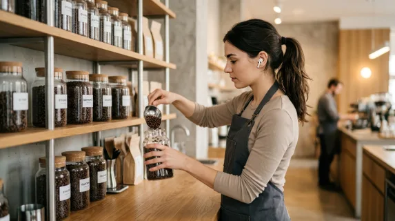 Cafe employee wearing in-ear headphones while organizing coffee beans into clear glass containers on shelves, hands in motion with careful precision, minimalist counter