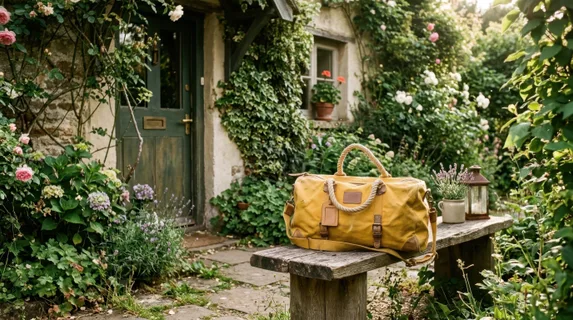 Yellow canvas duffel bag tossed casually on a rustic wooden bench beside a weathered cottage entryway, lush garden plants and climbing vines framing the scene, soft