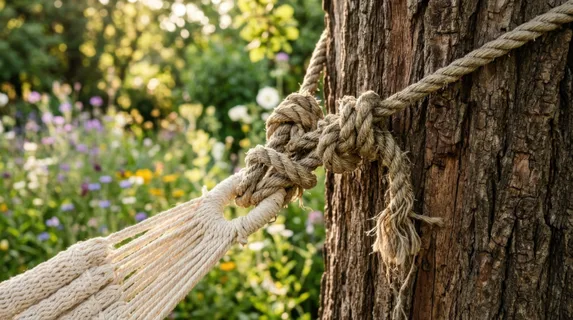 Close-up detail of weathered rope knots securing a cream-colored woven hammock between two rustic tree trunks, intricate rope texture visible in sharp focus, garden
