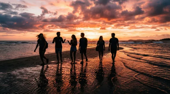 A group of friends walks together on a sandbar at sunset, their silhouettes dark against glowing orange and pink sky reflecting in wet sand below, warm dramatic lighting