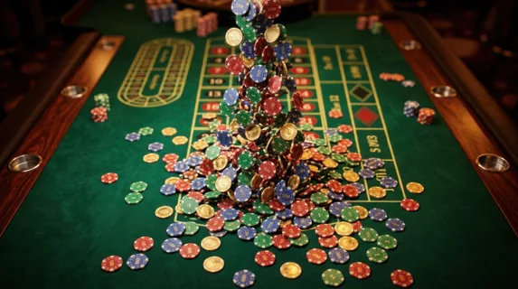 Overhead view of a cascading stack of colorful casino chips tumbling across a felt gaming table, chips mid-fall with crisp edges catching warm casino lighting, reds blues