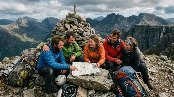 Group of climbers resting at rocky summit cairn, sitting together on stone, examining worn topographic map and compass, celebration and camaraderie evident, dramatic