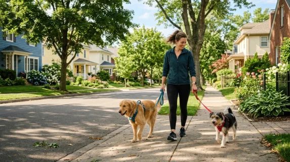 Afternoon suburban dog walk with two dogs of different sizes on separate leashes, tree-lined residential street with colorful houses in background, dogs walking calmly