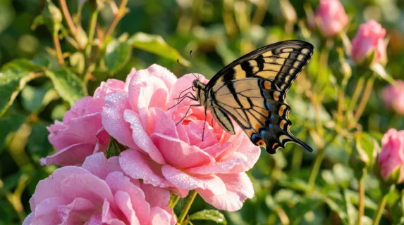 Swallowtail butterfly resting on soft pink rose petals, intricate wing venation and wing-tip patterns clearly visible, morning dew droplets on flower and insect thorax,