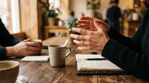 a tight focus on the hands of the hr manager gesturing expressively while discussing over coffee, emphasizing the warmth and engagement of their conversation. soft, warm